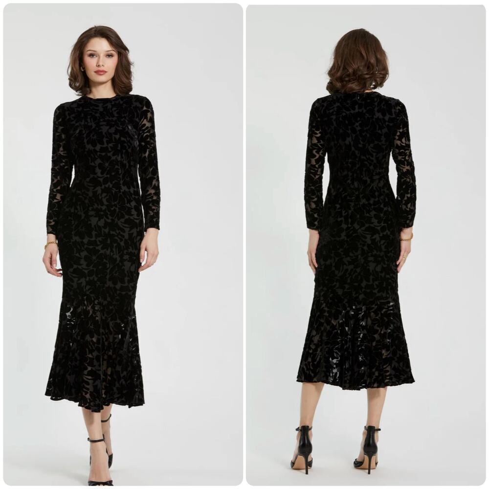 Mac Duggal Burnout Velvet Long Sleeve Ruffle Hem Midi Dress Black Size 8 NWT